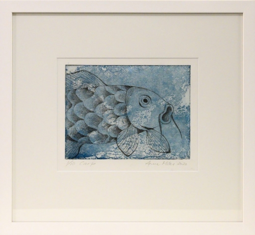 Framed artwork of a black & white Carp over a blue background by Anne Miles