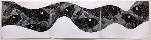 Unframed artwork by Anne Miles of multiple large black and white Carp within a flowing river shape