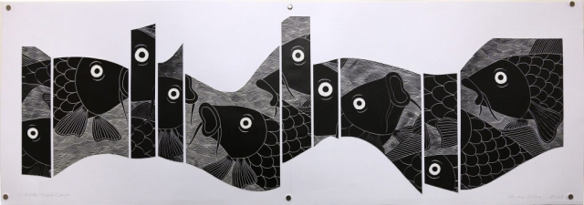 Unframed artwork by Anne Miles of multiple large black & white Carp within a segmented river shape
