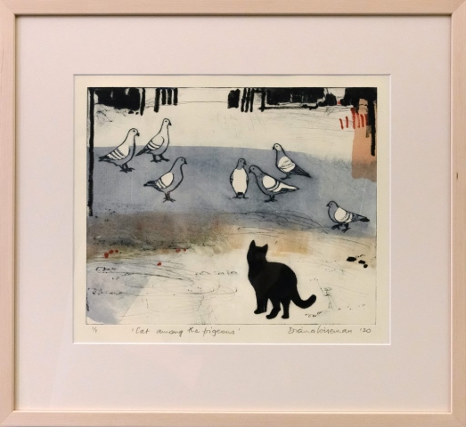 Framed artwork by Diana Wiseman of a black cat staring at a group of pigeons