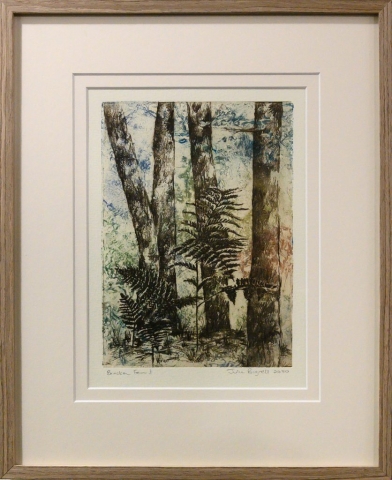 Framed artwork by Julie Bignell of bracken fern amongst tall tree trunks
