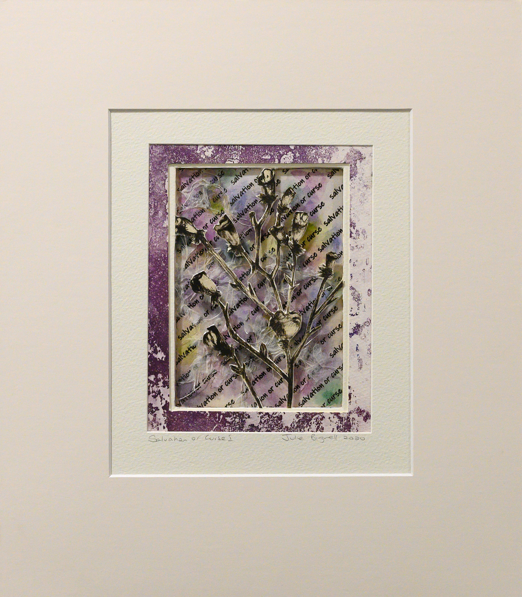 Unframed artwork by Julie Bignell of a b&w flower cut out in the foreground with textured multi-coloured print in the background and a printed purple border