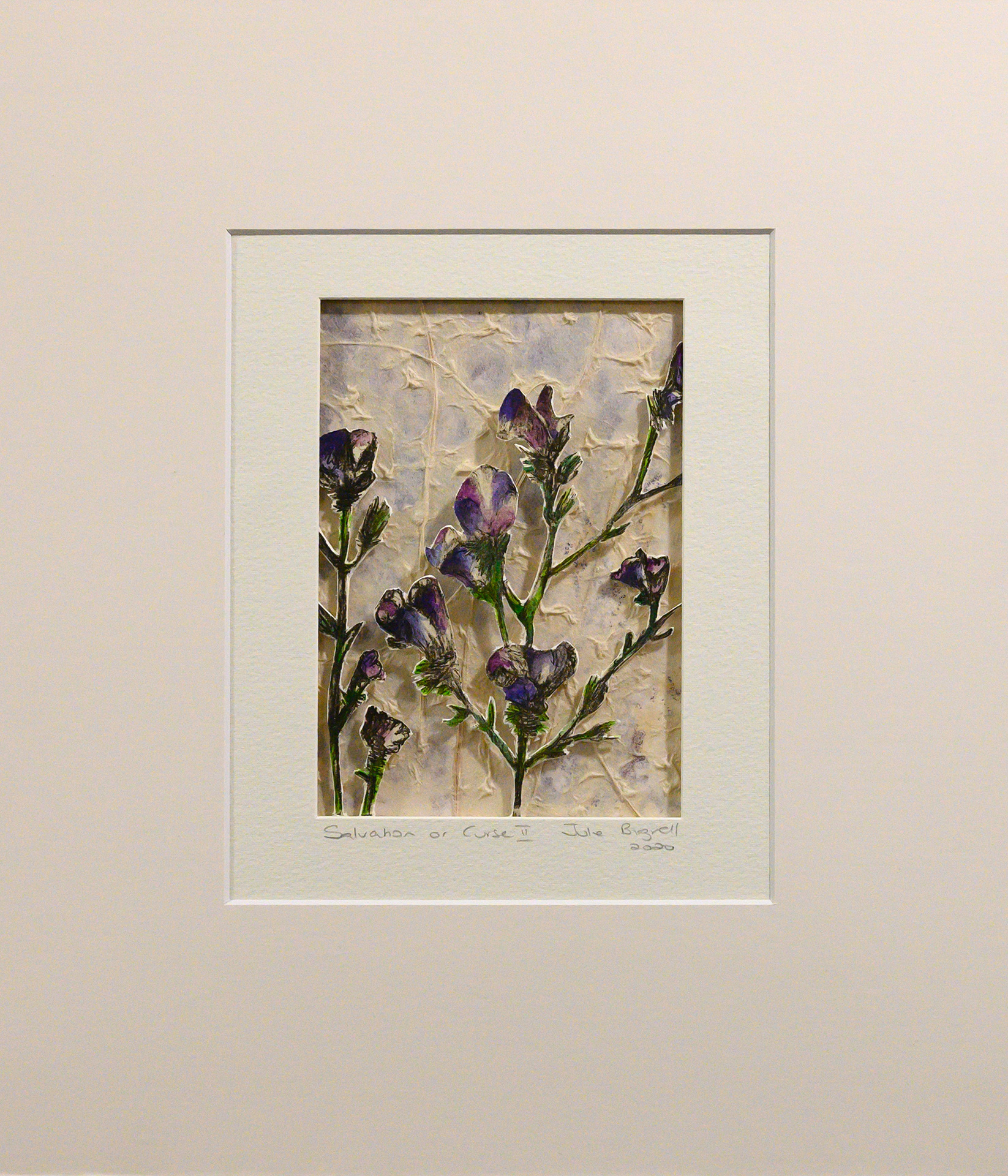 Unframed artwork by Julie Bignell of purple flowers cut out in the foreground with textured cream coloured paper in the background