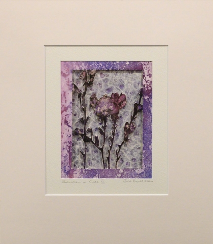 Unframed artwork by Julie Bignell of purple flowers cut out in the foreground with textured cream & purple coloured paper in the background and a printed purple border