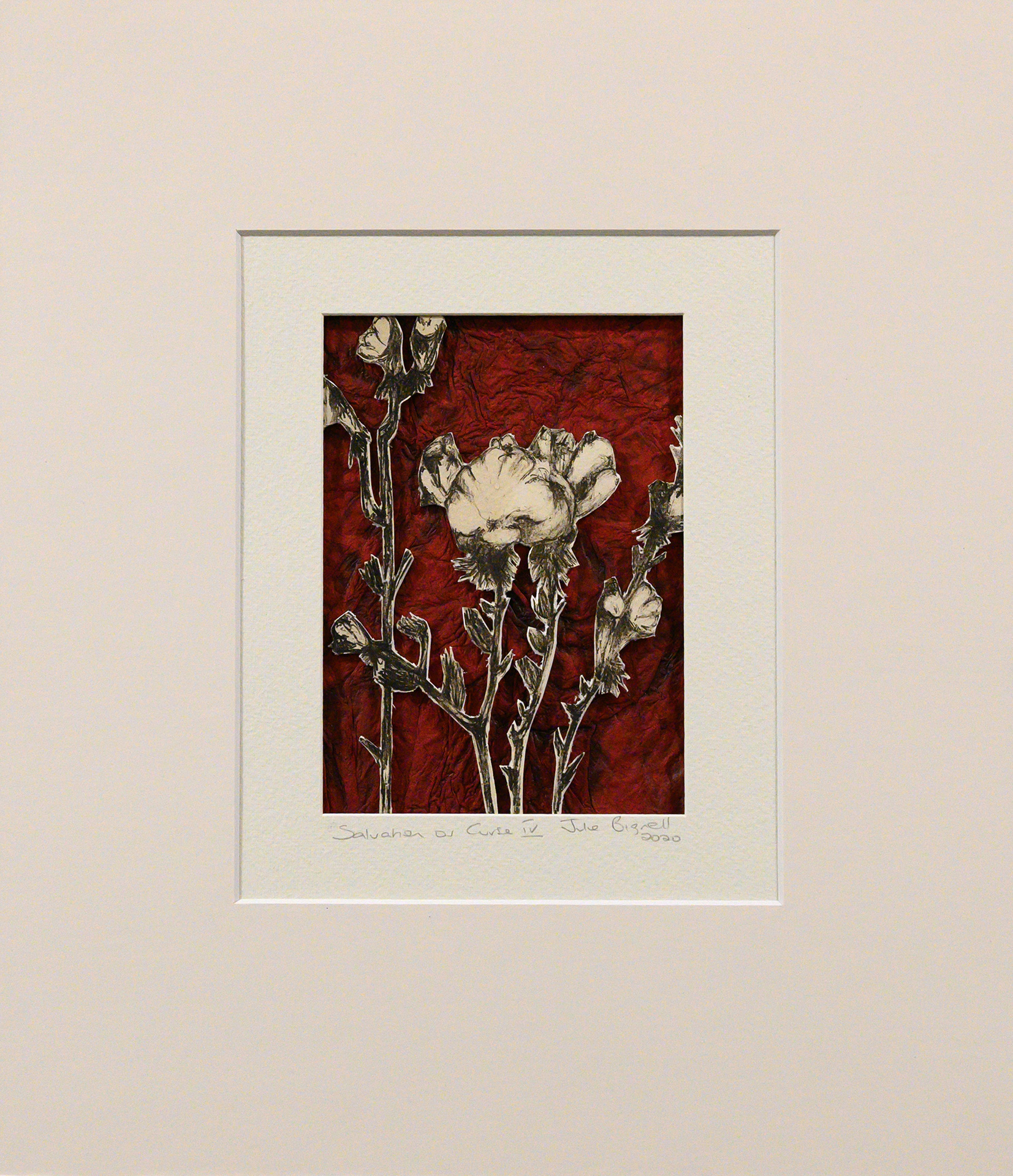 Unframed artwork by Julie Bignell of b&w flowers cut out in the foreground with textured dark red coloured paper in the background