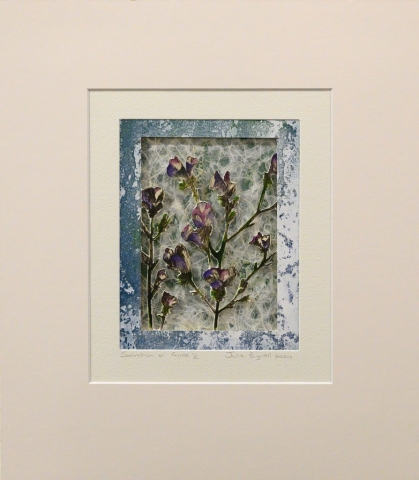 Unframed artwork by Julie Bignell of purple flowers cut out in the foreground with textured cream & dark green coloured paper in the background with a blue printed border