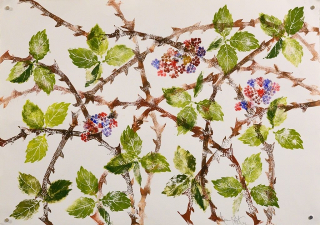 Unframed artwork by Jean McArthur of red and purple blackberries, brown spiky vines and green leaves