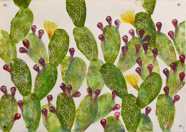 Unframed artwork of green prickly pear plant with red & yellow flowers