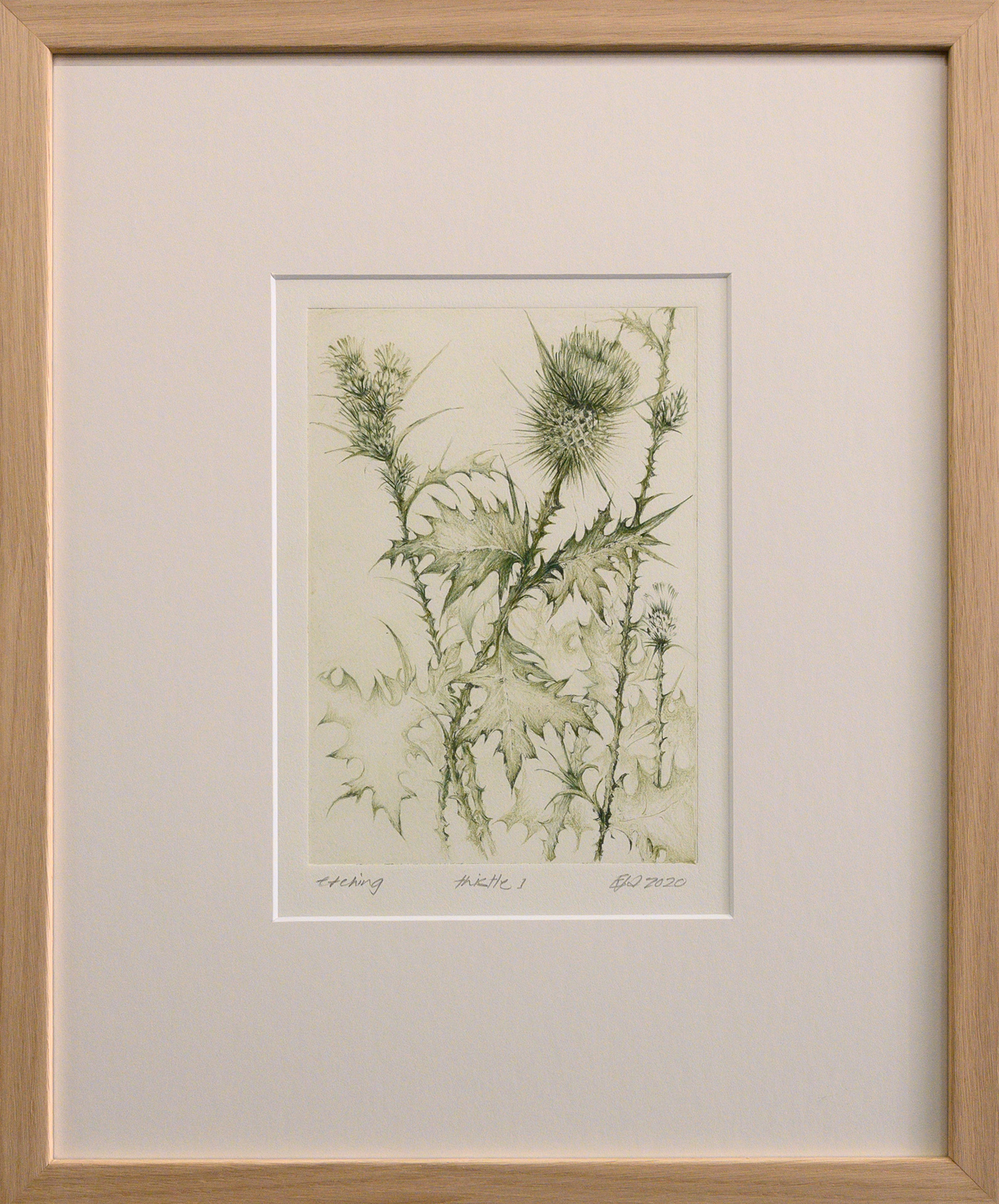 Framed artwork by Libby Altschwager of a bottle green image of a Scotch Thistle