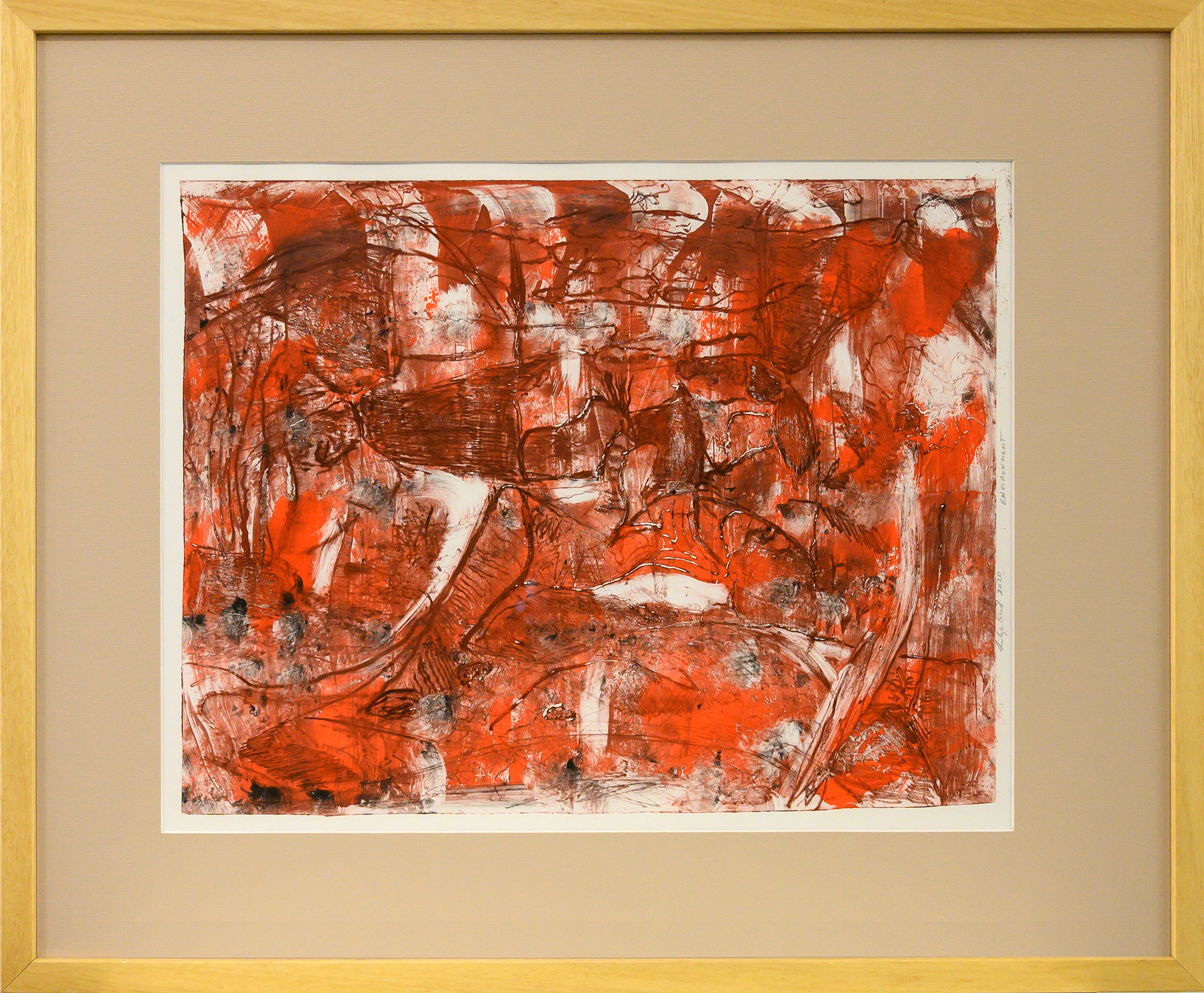 Framed artwork by Lilija Quill of an abstract red landscape