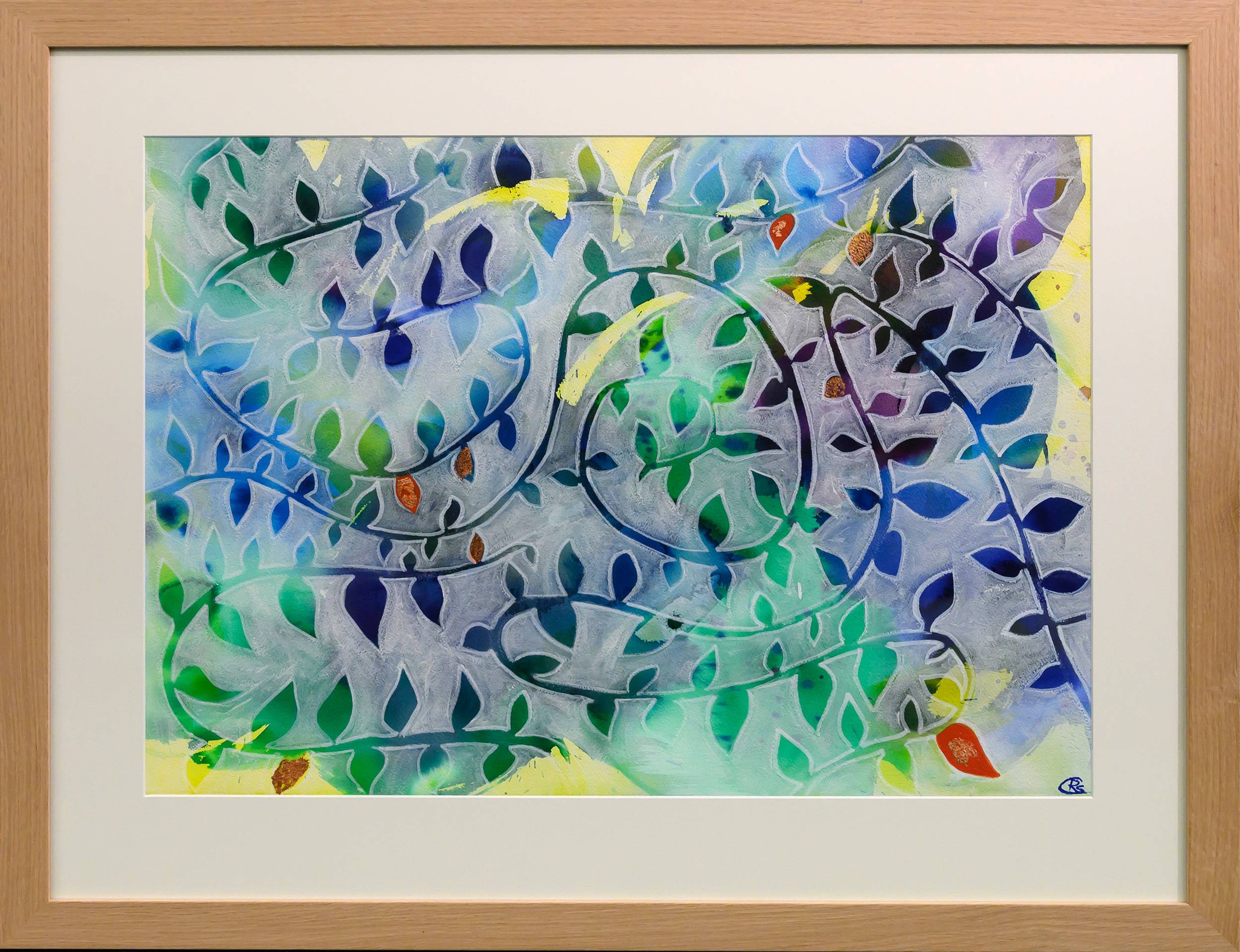 Framed artwork by Ruth Schubert of simplistic vines on a multi-coloured background