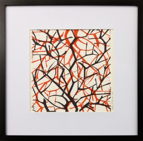 Framed artwork by Sally OConnor of layers of closeup red & black tumbleweed branches