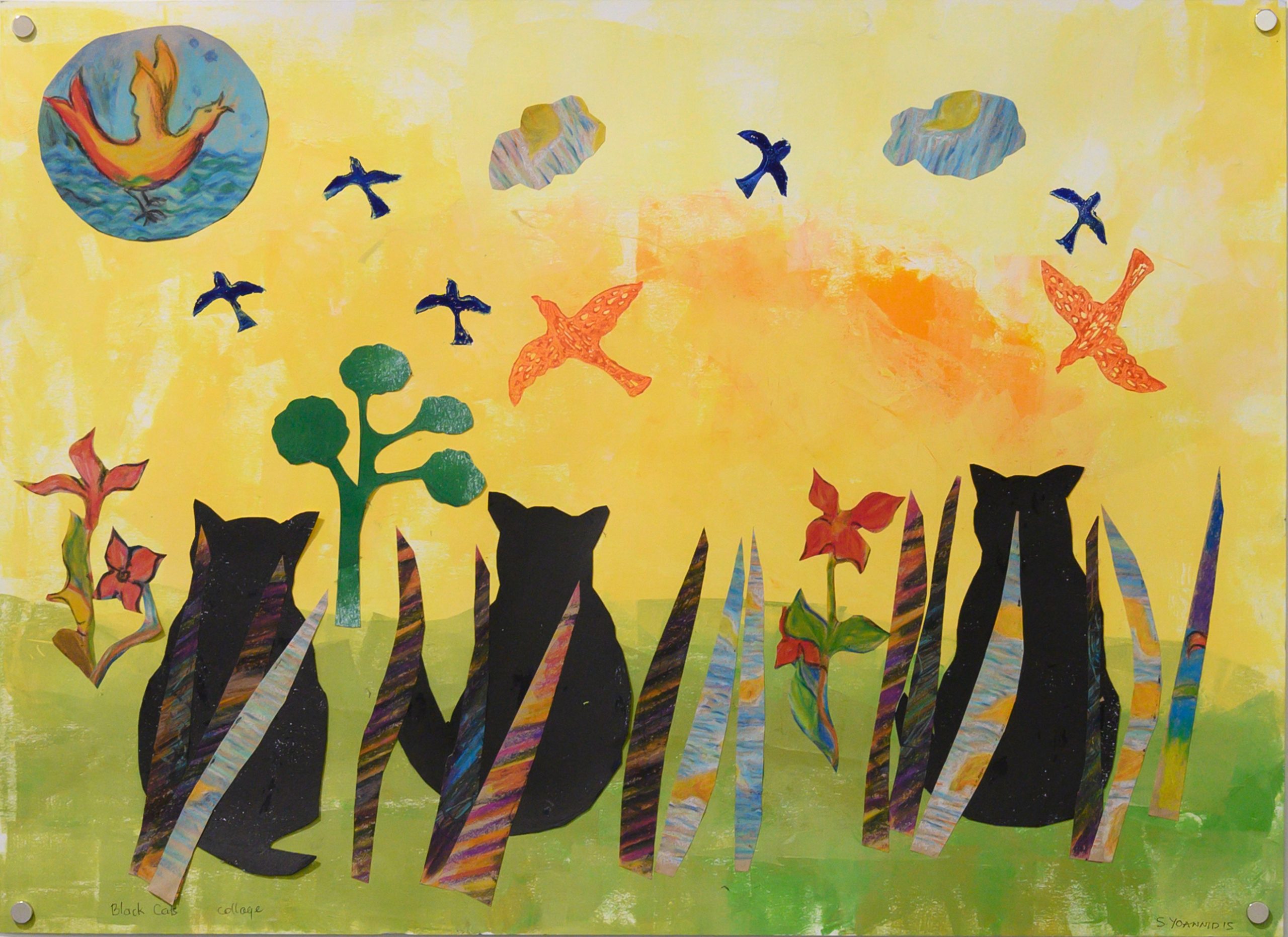 Unframed artwork by Stephanie Yoannidis of a colourful collage featuring 3 black cats sitting in green grass watching birds in the sky