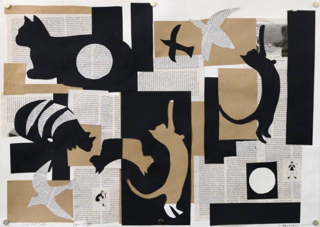 Unframed artwork by Stephanie Yoannidis of a black, white and brown kraft coloured collage featuring multiple cats amongst newsprint and silhouettes of birds