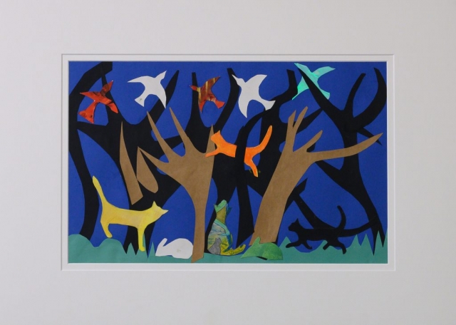 Unframed artwork by Stephanie Yoannidis of a colourful collage featuring four cats playing amongst silhouetted trees with birds flying in the dark blue sky