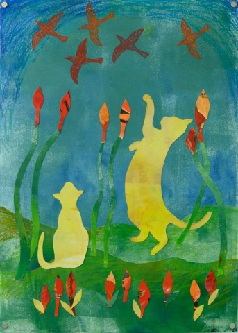 Unframed artwork by Stephanie Yoannidis of a colourful collage featuring two playful yellow cats in green grass and orange/red birds flying in a blue sky