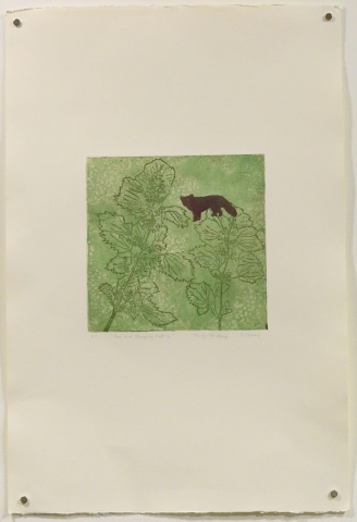 Unframed artwork by Trudy Tandberg of small fox silhouette on green background with detailed stinging nettle