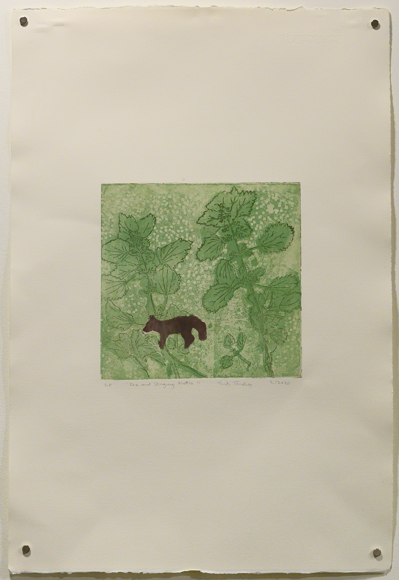 Unframed artwork by Trudy Tandberg of small fox silhouette on green background with detailed stinging nettle