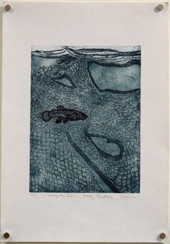 Unframed artwork by Trudy Tandberg of small fish underwater with net texture on dark blue background