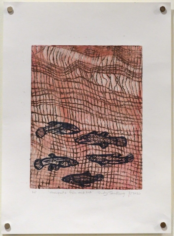 Unframed artwork by Trudy Tandberg of 5 small fish in net with orange background