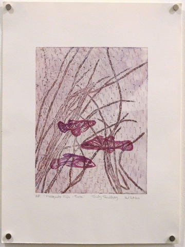 Unframed artwork by Trudy Tandberg of 3 small fish in rushes with light purple background
